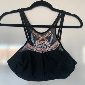 Black Bikini Top with Sheer Pattern Neckline